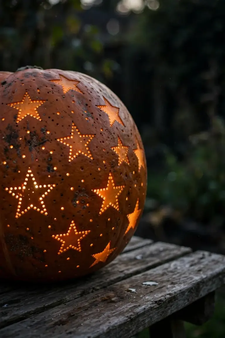 Pumpkin with a drilled star field, dotted five-pointed star outlines glowing against the dark rind