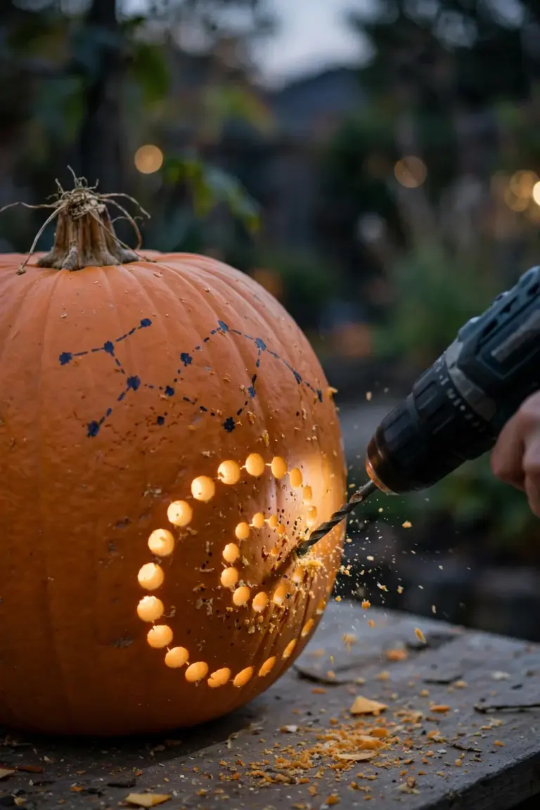 One hand drilling a star pattern of holes into an uncarved pumpkin