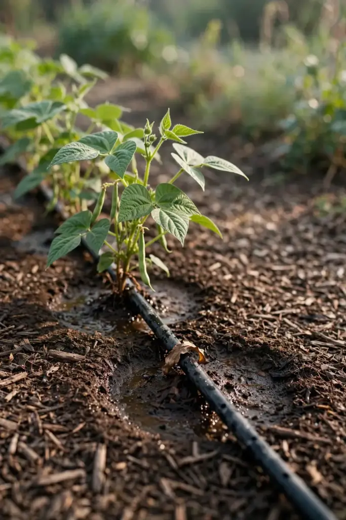 Drip line watering a bean row at the soil line with dry leaves above.