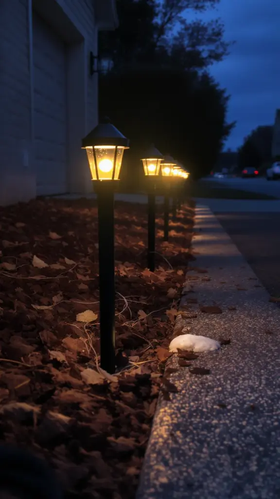 Warm stake lights in a line along a driveway edge at dusk