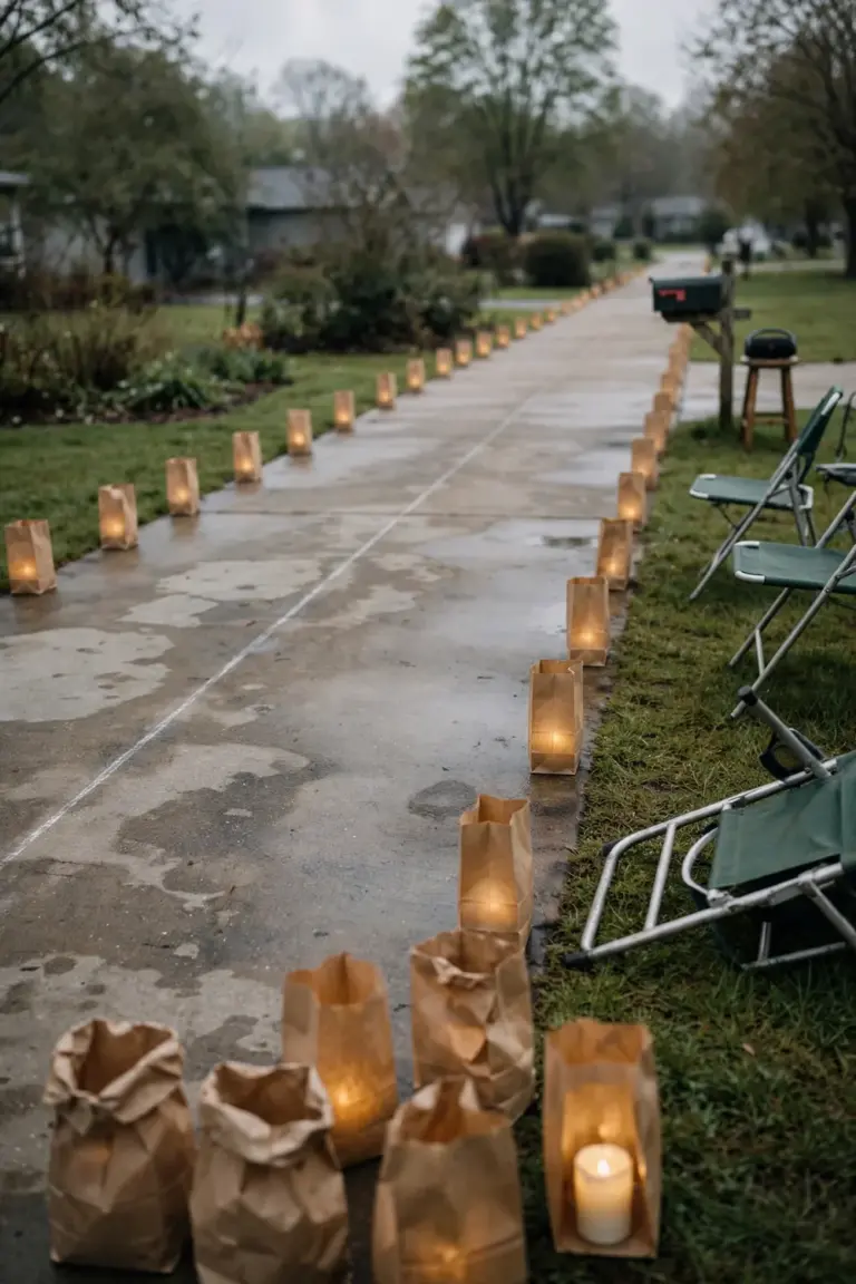 Empty driveway with a chalk lane, paper luminaries along both edges and lawn chairs on the grass