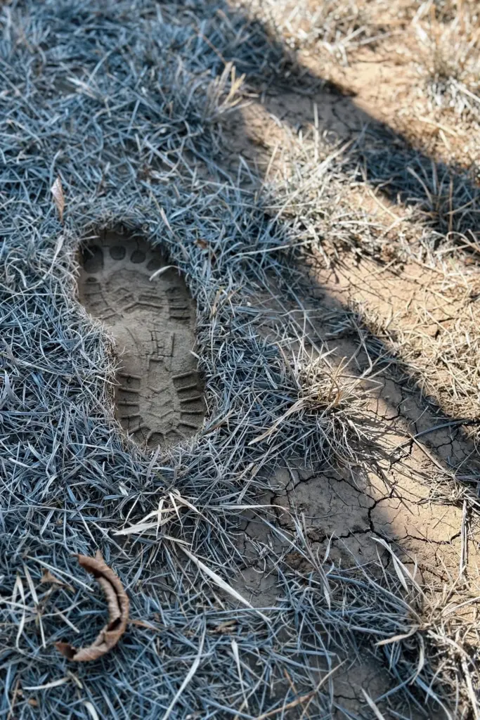 Footprint pressed into wilted blue-gray turf on a dry lawn