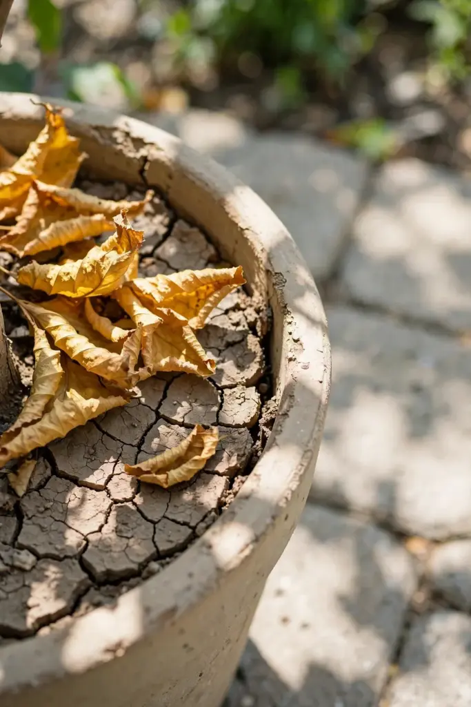 Dry crisp yellow leaves above cracked dry soil in a pot