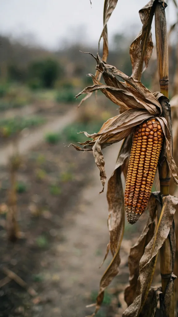 Close view of a corn ear with fully dried brown husks on the stalk