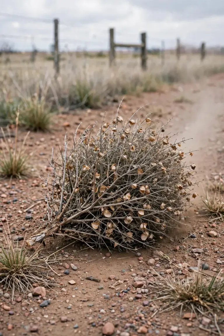 Dry brittle kochia skeleton rolling on a dusty roadside