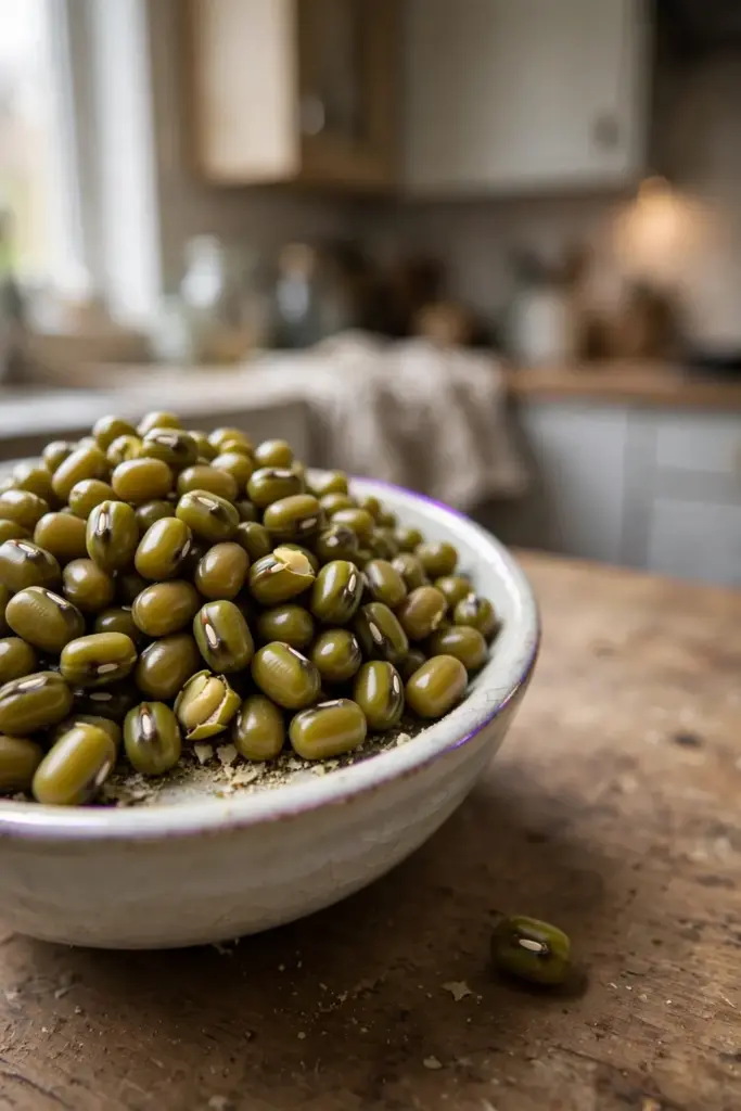 Glossy green mung beans mounded in a small ceramic bowl
