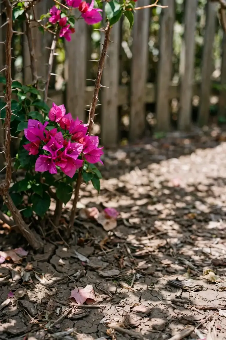 Bougainvillea in dry mulched soil with bright bracts and no hose in sight