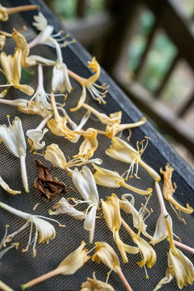 Honeysuckle flowers drying in a single layer on a mesh screen