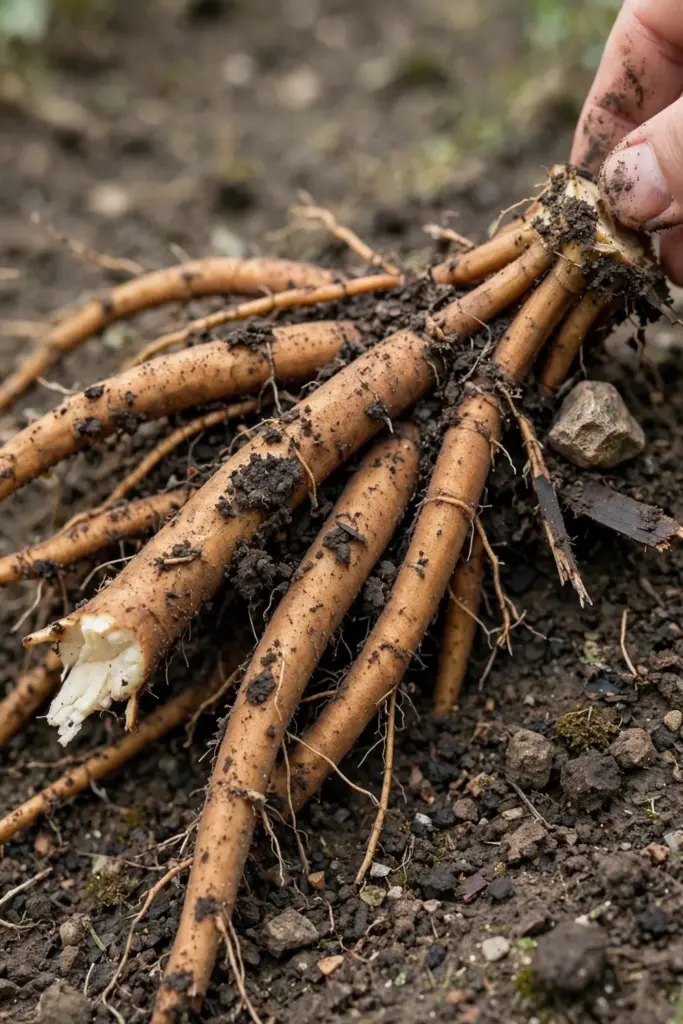 Freshly dug thick fleshy peony roots with soil still clinging to them