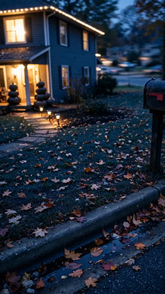 Phone photo view of the decorated yard at dusk from the curb
