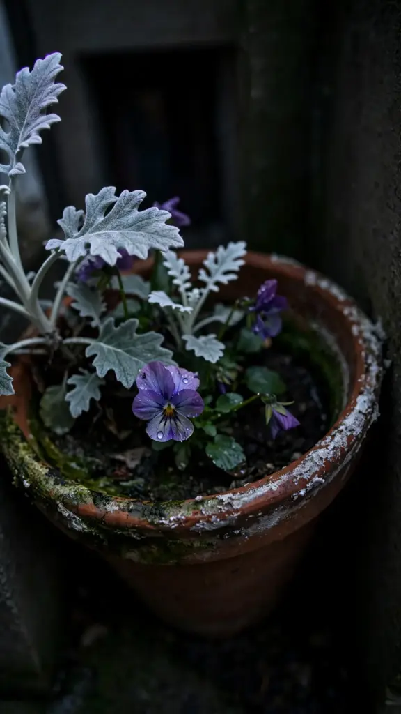 Silver dusty miller and purple violas in a pot in a shady corner