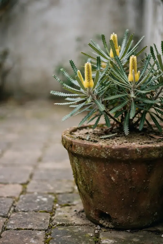 Dwarf banksia in a large deep pot on a sunny courtyard