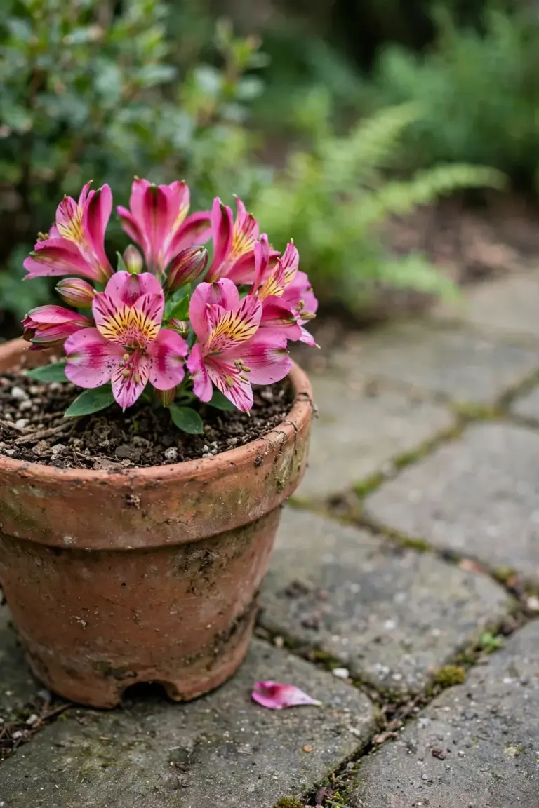 Dwarf magenta alstroemeria blooming in a weathered terracotta pot on a patio