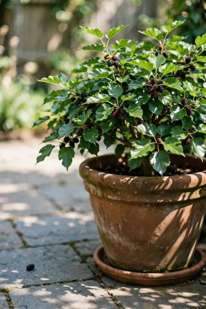 Dwarf mulberry tree fruiting in a large pot on a sunny patio