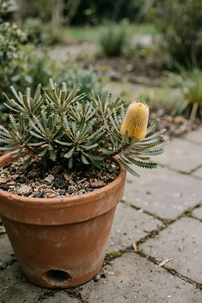 Dwarf banksia in a pot with native potting mix