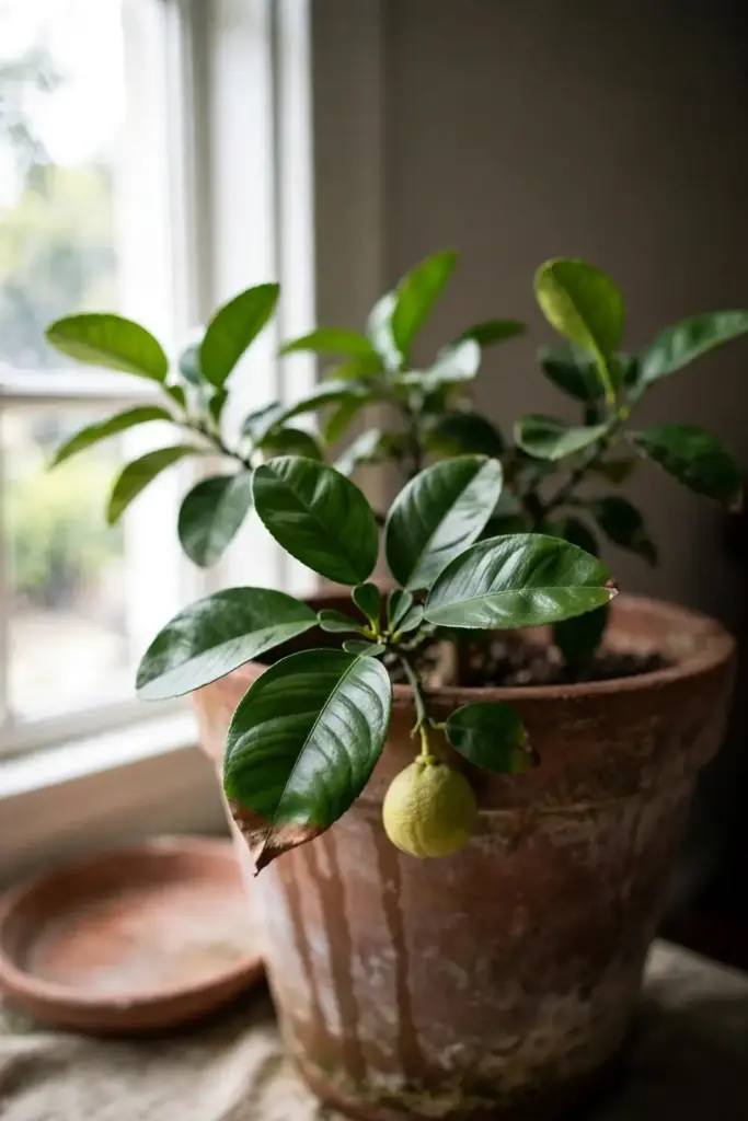 Dwarf pomelo in a large terracotta pot beside a bright indoor window