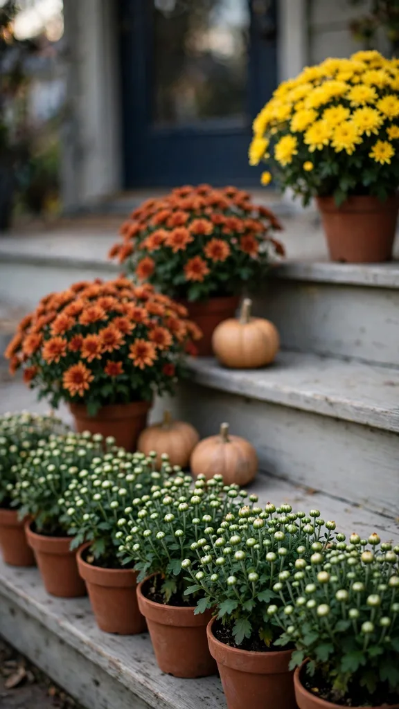Early mums in full bloom beside late mums still in bud on steps