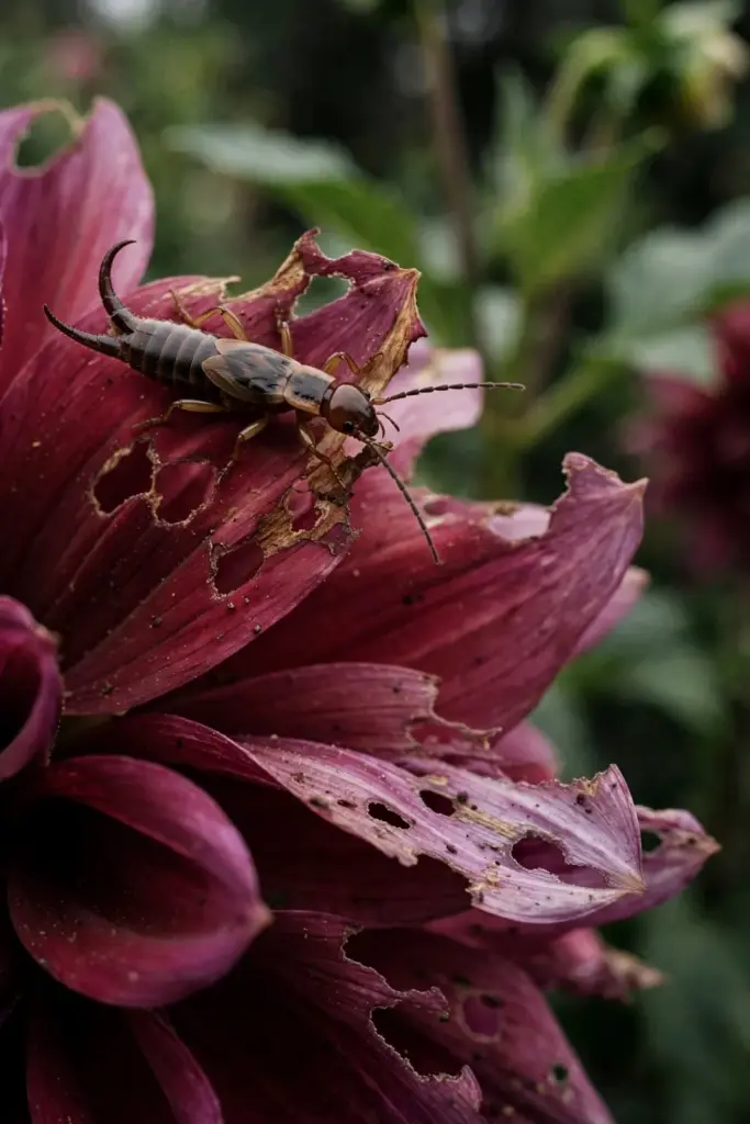 Earwig with tail pincers on a chewed dahlia petal
