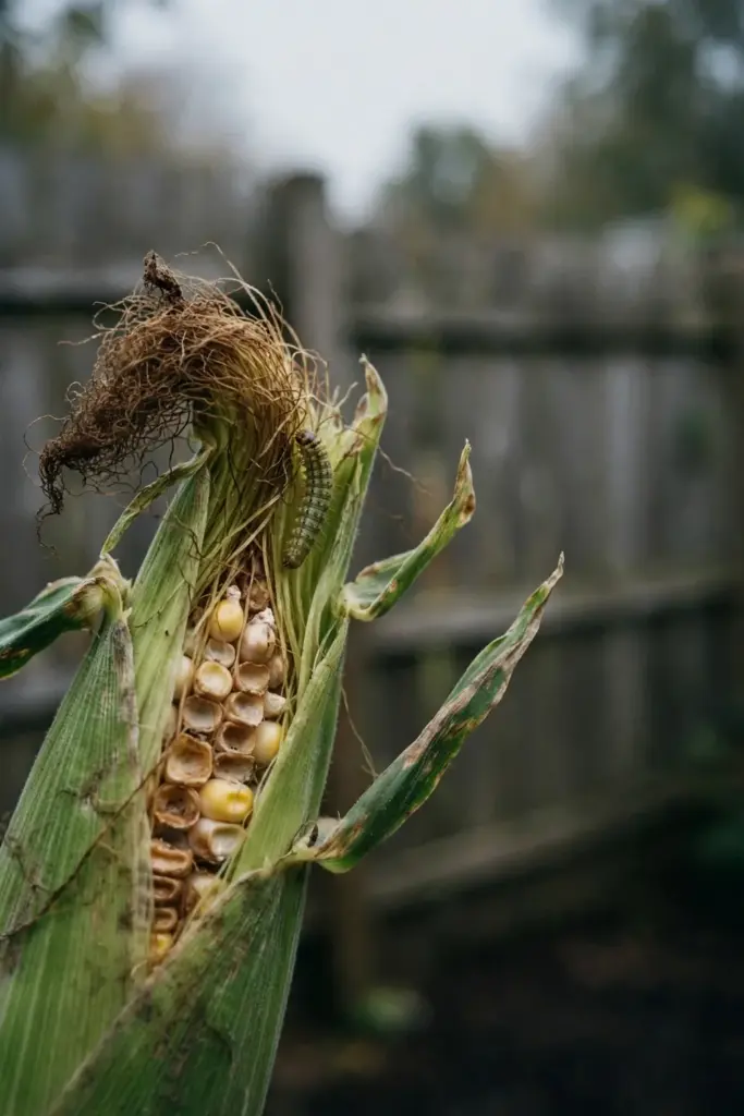 Chewed corn silk tip with an earworm larva at the cob tip