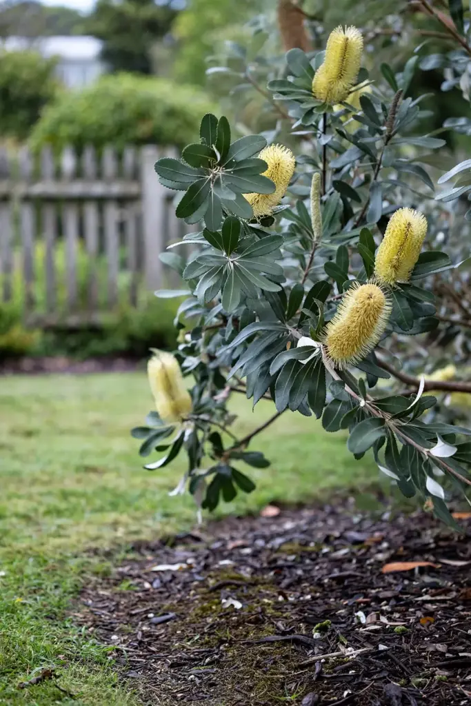 Eastern banksia thriving in a humid east-coast garden with morning sun
