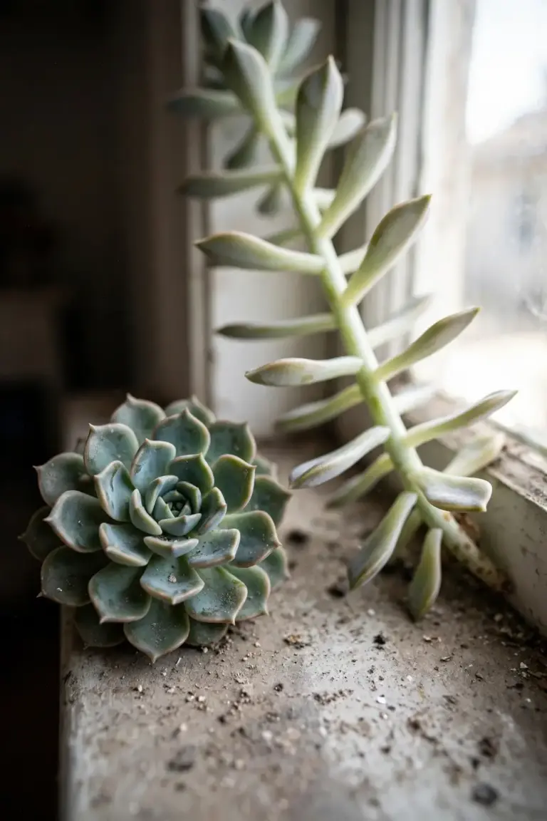 Compact echeveria beside a stretched pale echeveria reaching toward window light