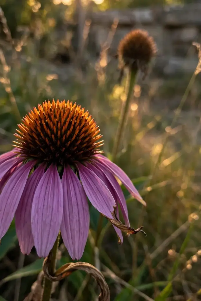 Purple coneflower with a spiky orange-brown cone