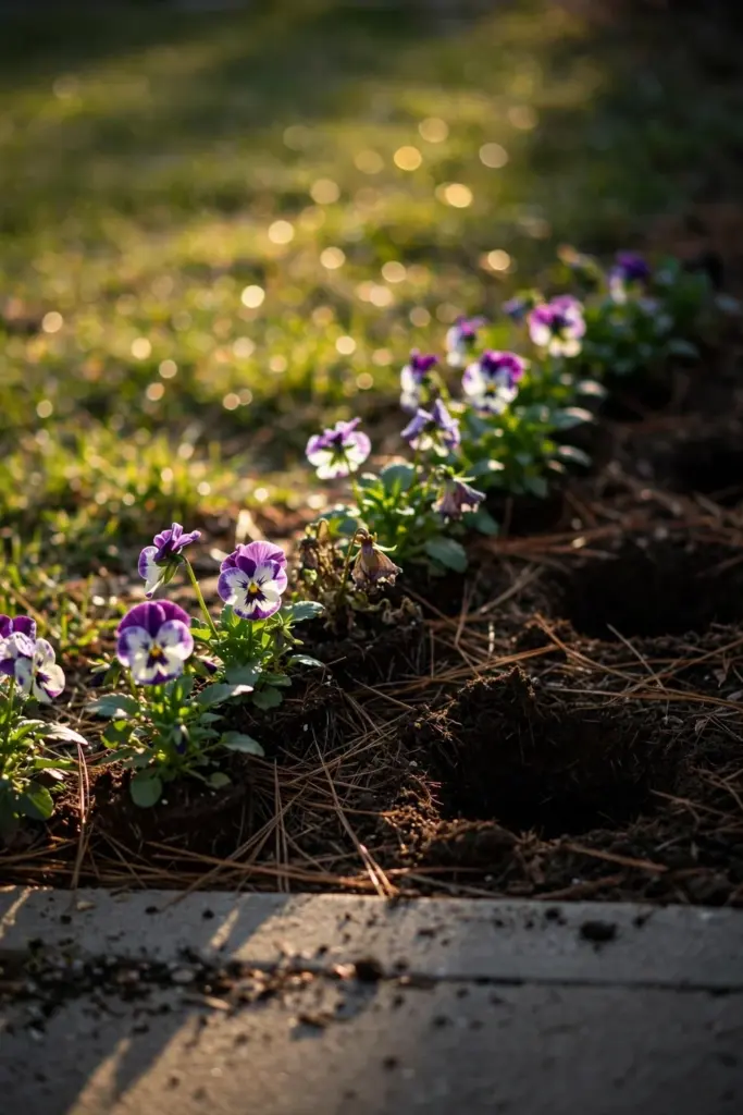 Freshly planted pansy edge with dark soil and new mulch