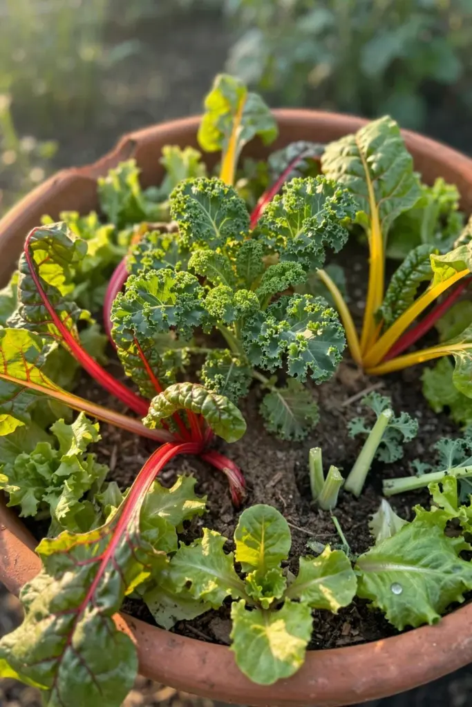 Edible fall planter with curly kale, rainbow chard, and lettuce edge