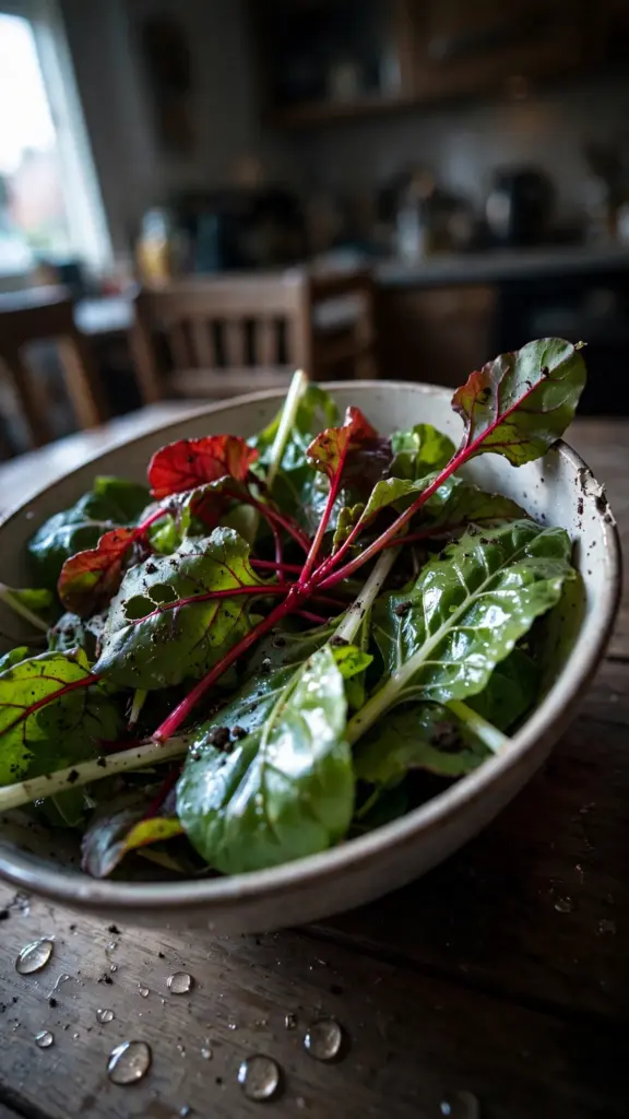 Shallow bowl of Swiss chard, red lettuce, and mustard greens