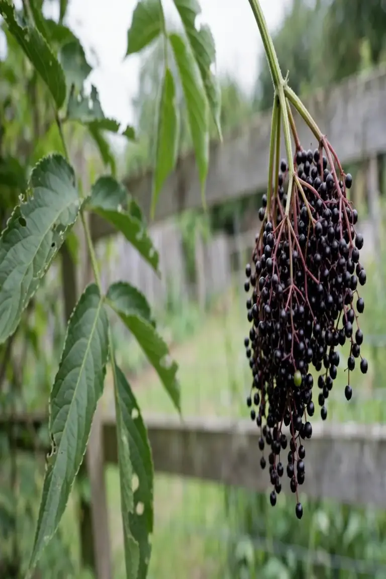 Flat-topped elderberry cluster of tiny near-black berries drooping from a branch