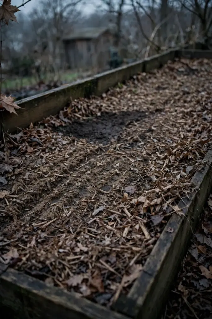 Empty fall bed under shredded leaf mulch, resting with no amendments spread