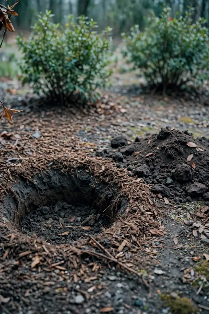 Empty planting hole with dark soil and fallen leaves around it