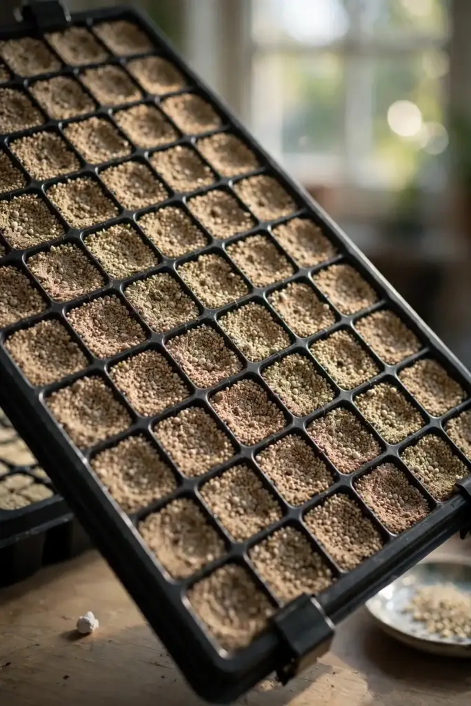 Empty clean seedling trays filled with fresh sterile mix, ready to sow.