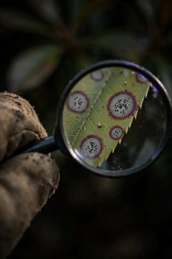 Magnifying glass over a photinia leaf showing gray-centered spots with maroon borders