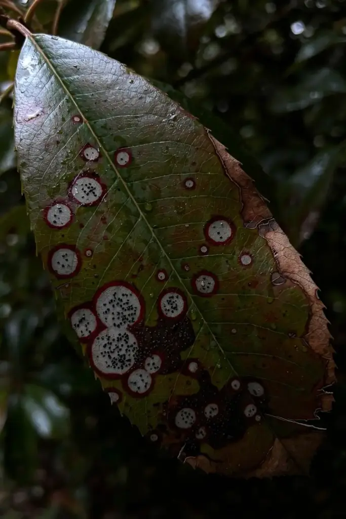 Dramatic macro of a mature photinia leaf with gray spot centers ringed by maroon borders