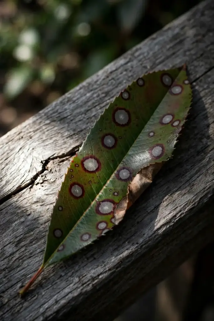 Single photinia leaf with Entomosporium spots resting on weathered wood