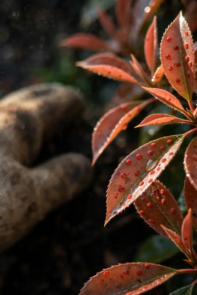 Macro of young coppery-red photinia leaves dotted with bright red Entomosporium spots