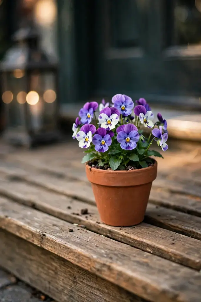 Small 15 cm pot of violas on an entry table by the door