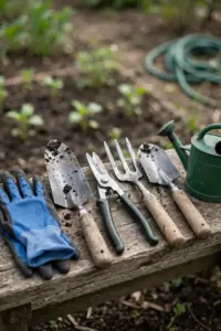 Beginner garden tool kit on a wooden bench: gloves, trowel, secateurs, fork, spade, watering can