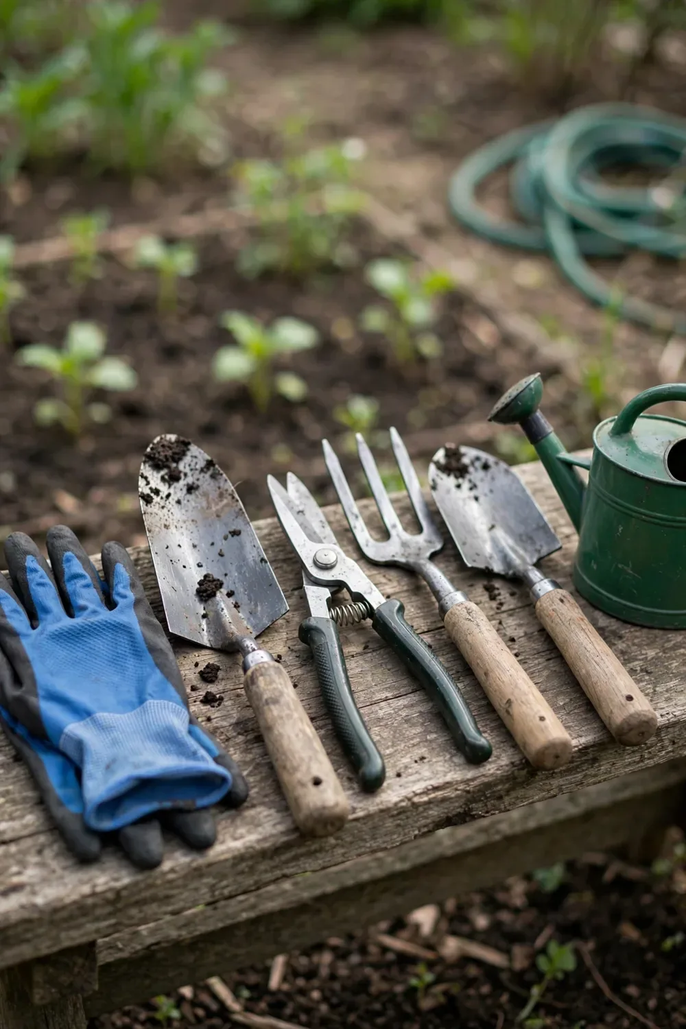 Beginner garden tool kit on a wooden bench: gloves, trowel, secateurs, fork, spade, watering can
