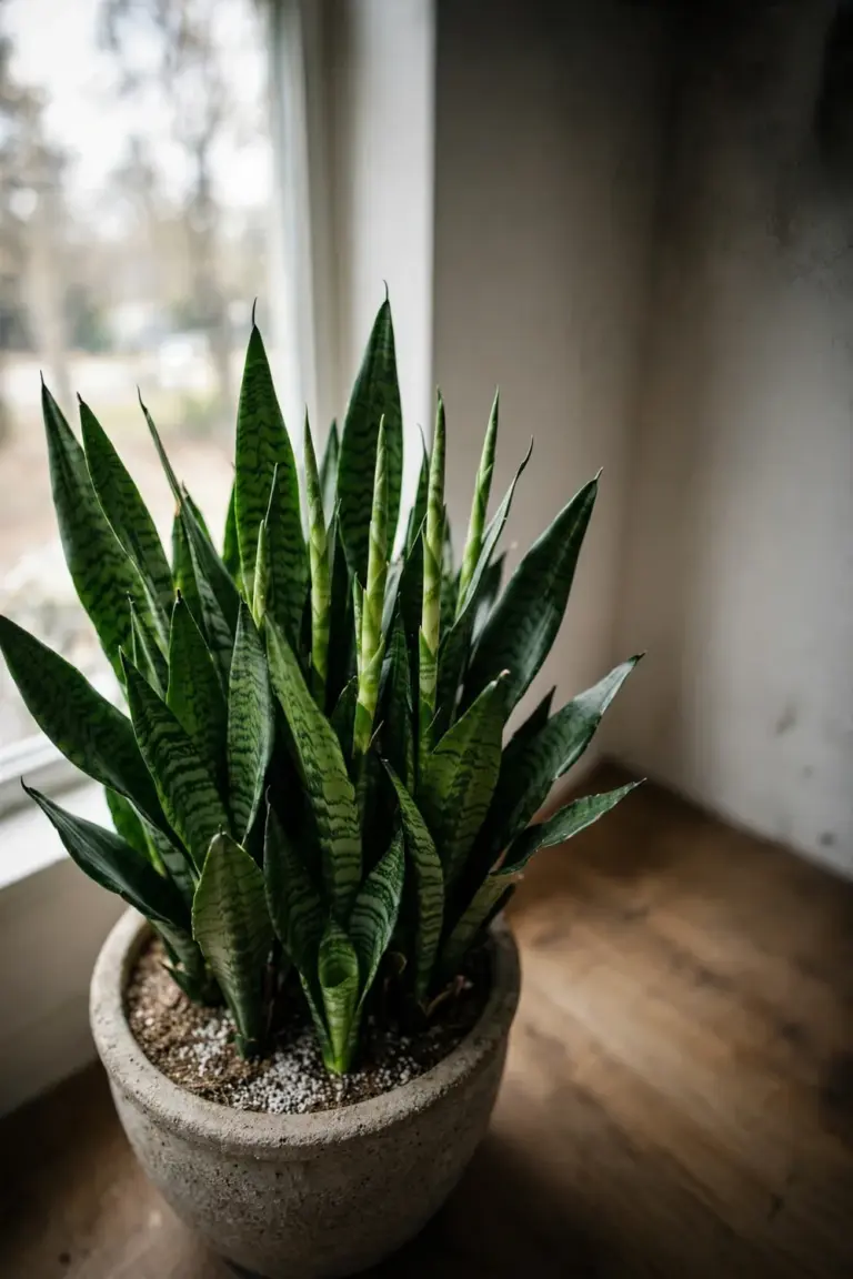 Lush established snake plant clump filling a bright room corner