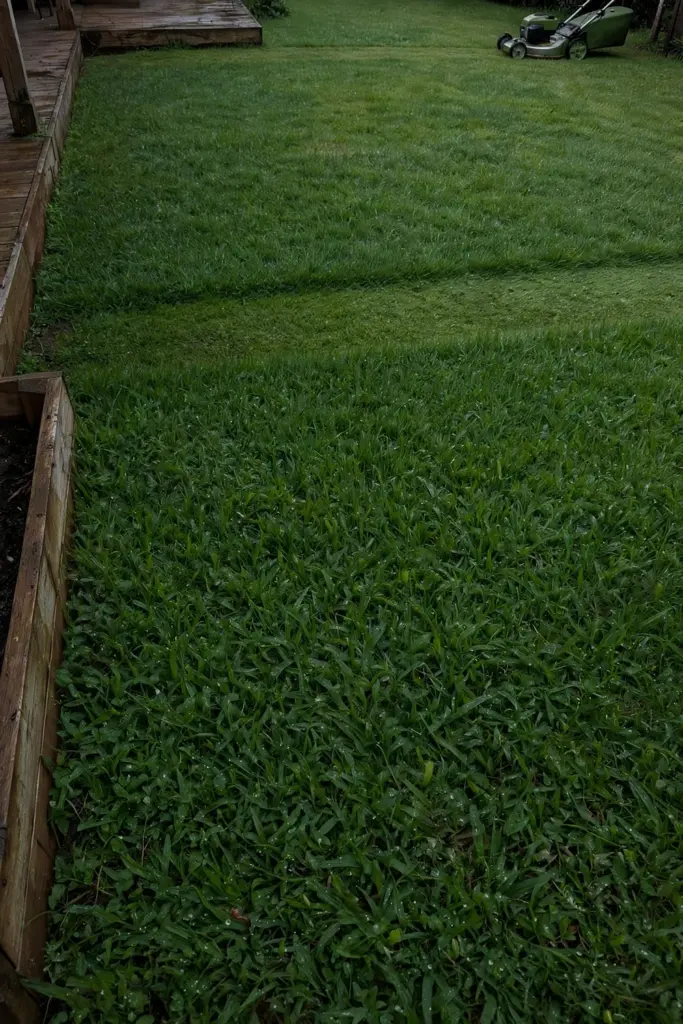 Dense green established Kikuyu lawn in morning light with a mower at the edge