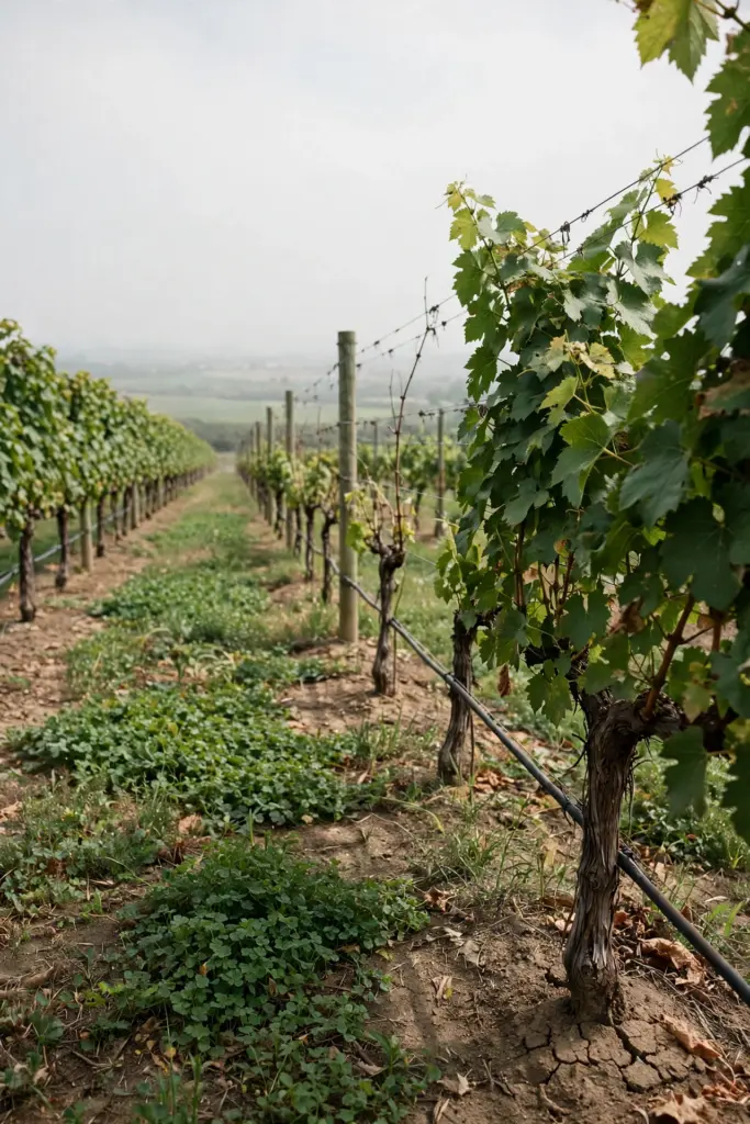 Established vineyard row with cover crop between the rows