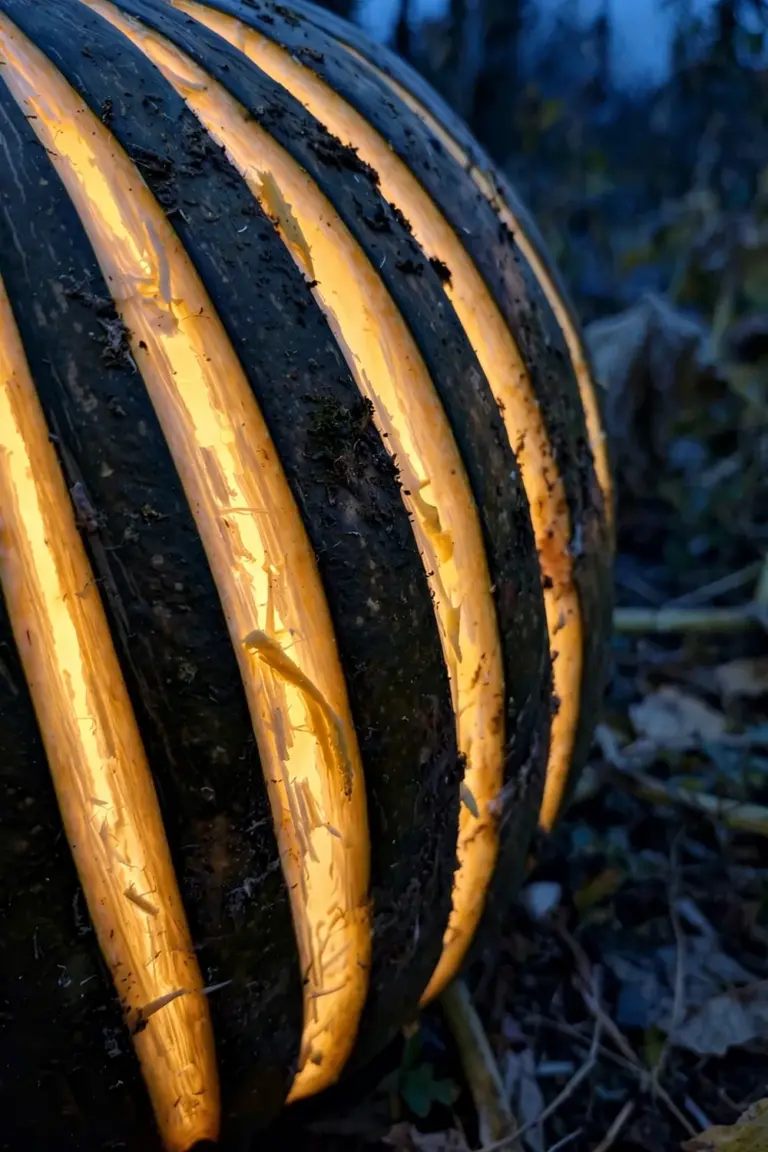 Close view of a pumpkin with etched vertical stripes glowing gold where the rind was shaved thin