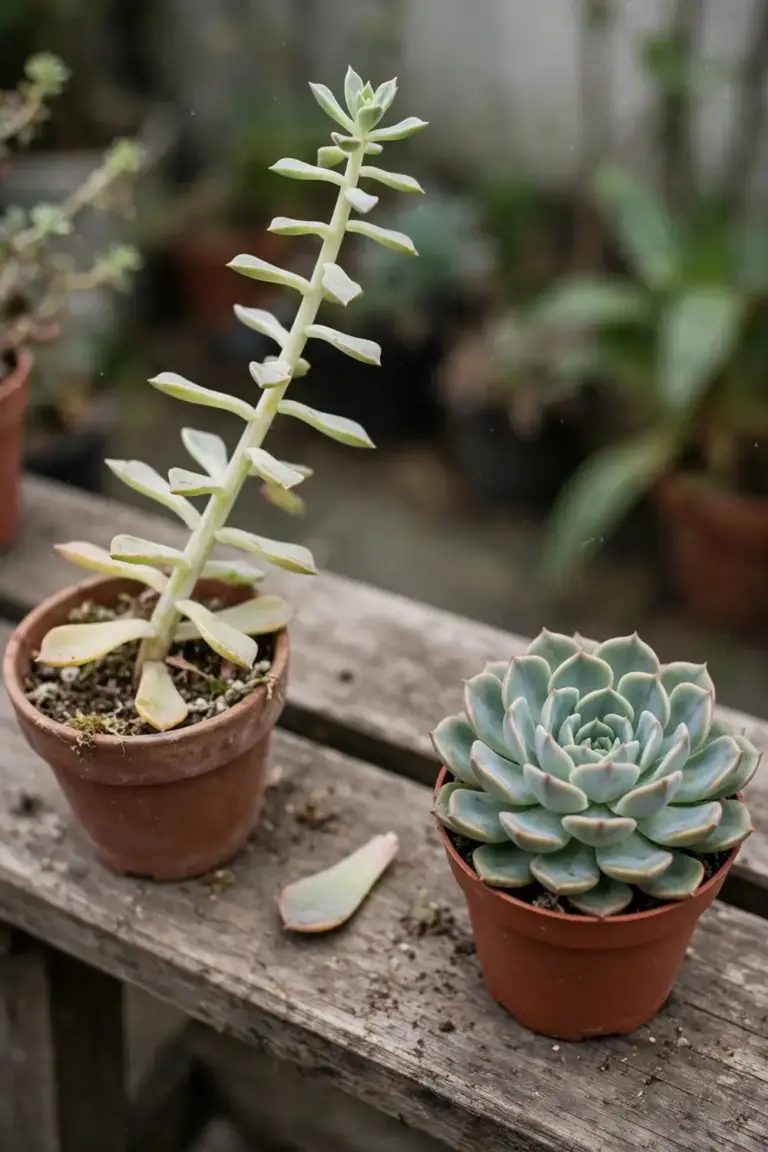 Stretched etiolated succulent beside a compact healthy rosette for comparison