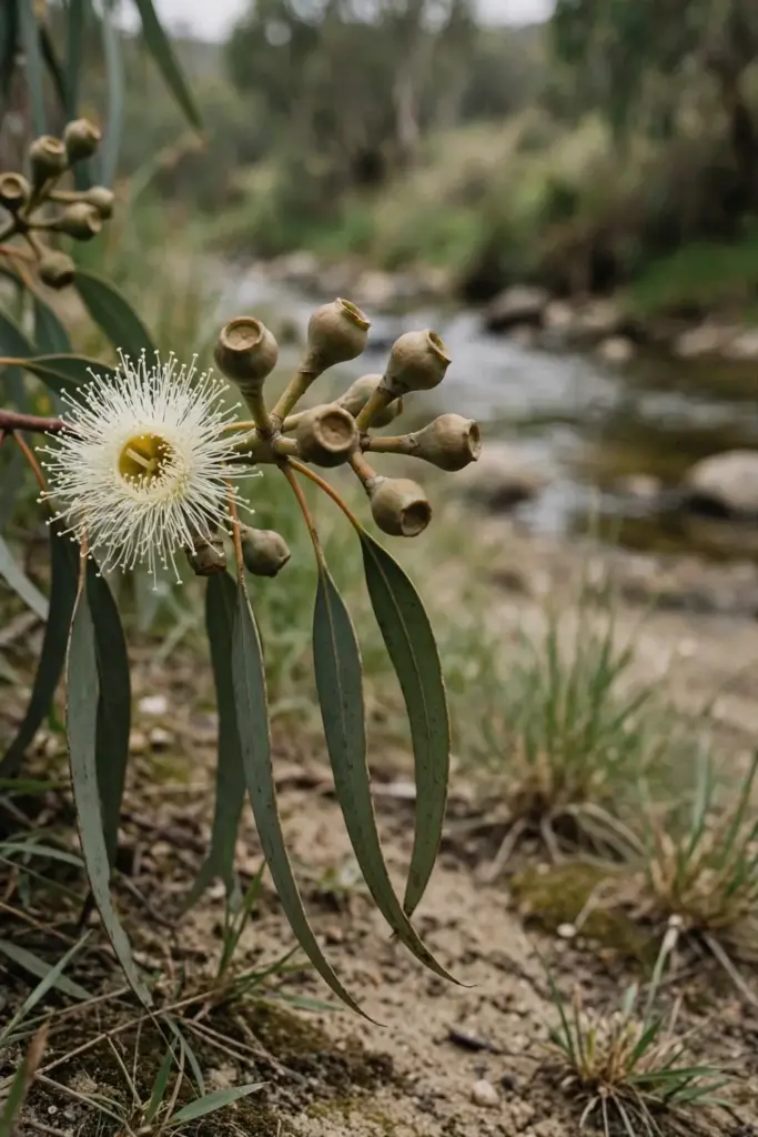 Eucalyptus Blossom buds with caps and an open burst of white stamens