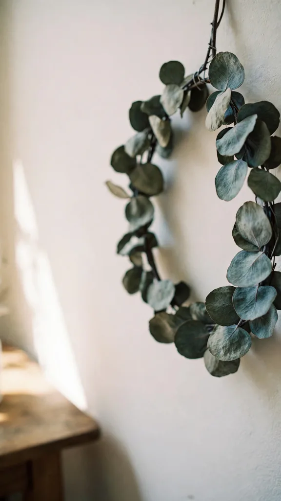 A dried eucalyptus wreath with round silver leaves hanging on an indoor wall