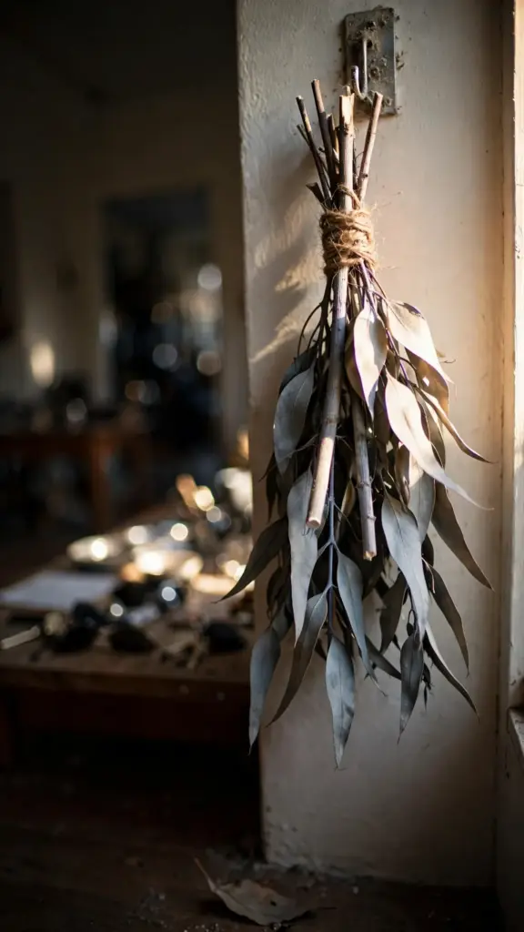 Bundle of dried eucalyptus hanging upside down from a wall hook
