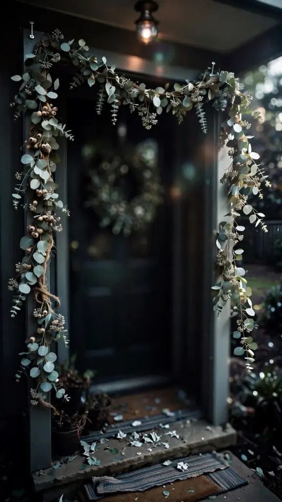 Seeded eucalyptus garland swagged around a front door frame