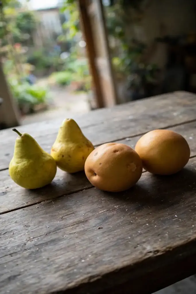 European and Asian pears side by side on a table, showing the two fruit types.